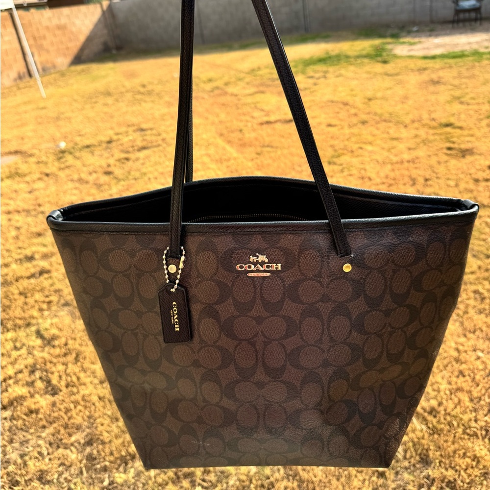 COACH Signature Series Street Zip Tote Bag Dark Brown